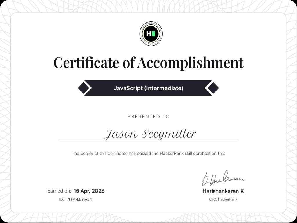 HackerRank certificate: JavaScript (Intermediate)