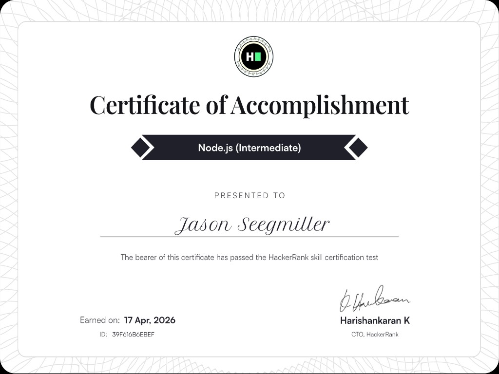 HackerRank certificate: Node.js (Intermediate)